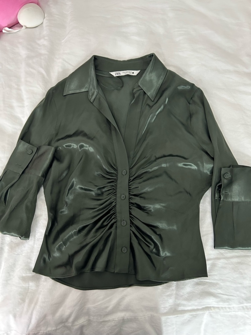 Zara Satin Button-Up Shirt in Deep Olive